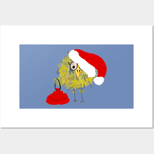 Funny Bird in Santa Hat with Gift Sack! Posters and Art